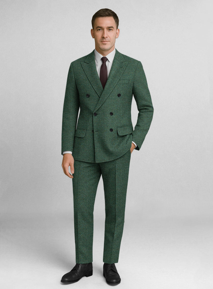 Bottle Green Herringbone Tweed Double Breasted Suit - StudioSuits
