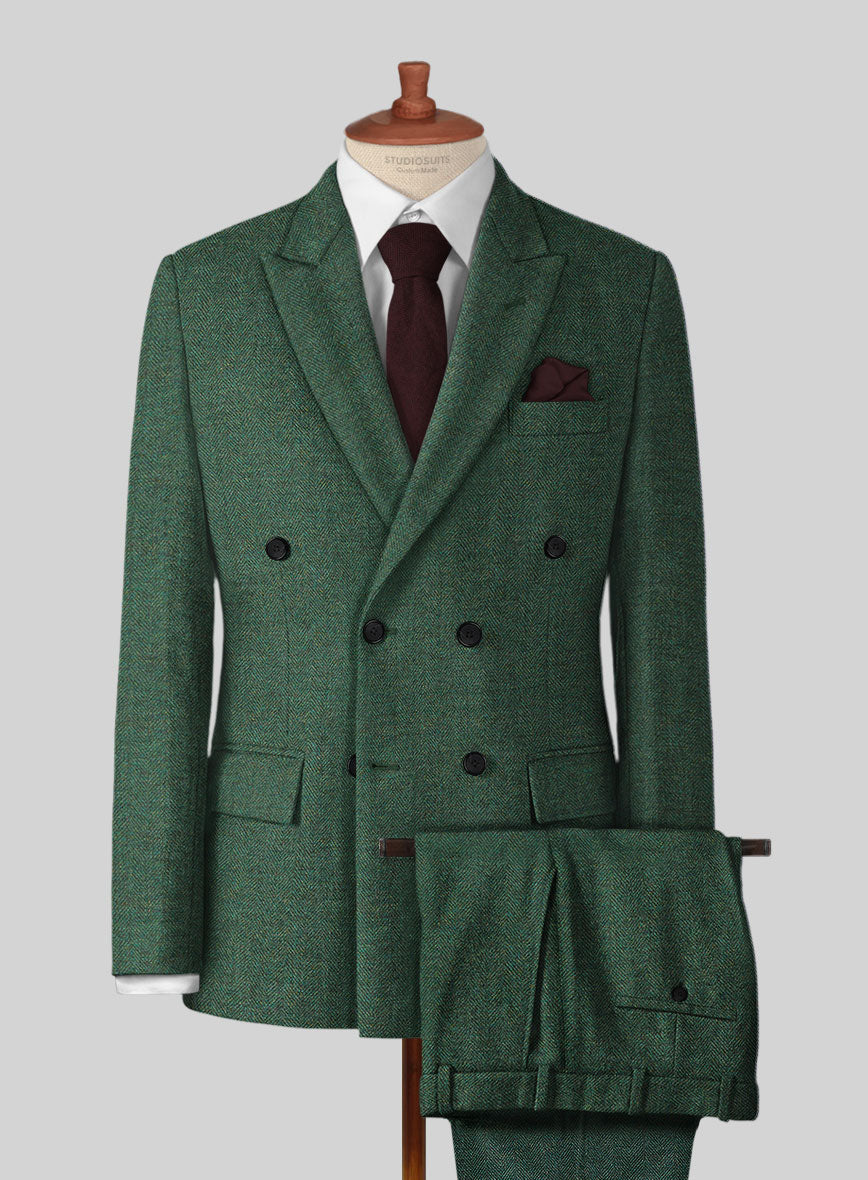 Bottle Green Herringbone Tweed Double Breasted Suit - StudioSuits