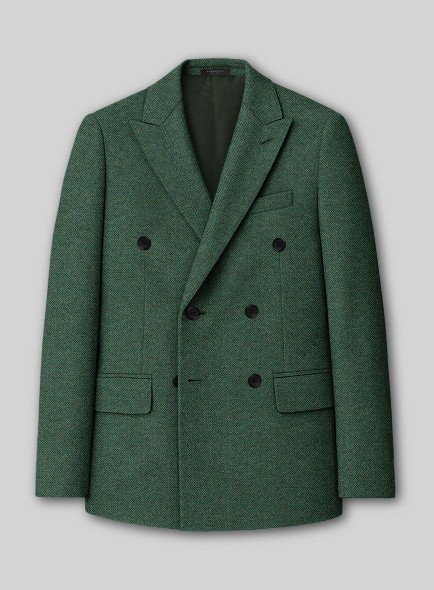 Bottle Green Herringbone Tweed Double Breasted Jacket - StudioSuits