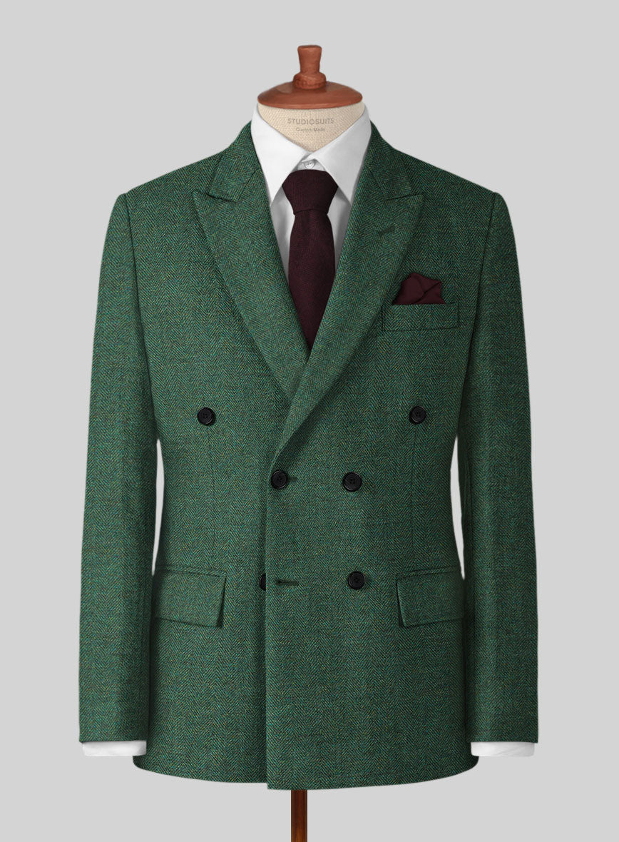 Bottle Green Herringbone Tweed Double Breasted Jacket - StudioSuits
