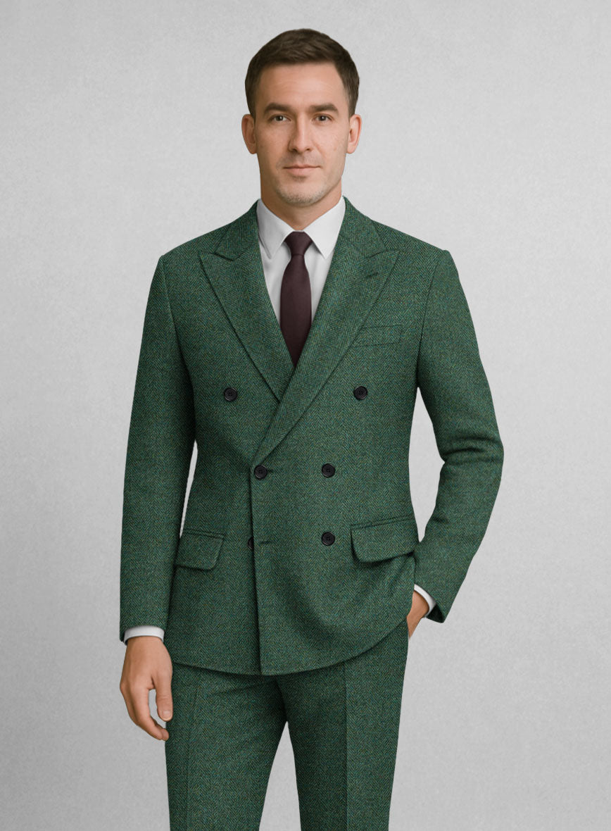 Bottle Green Herringbone Tweed Double Breasted Jacket - StudioSuits