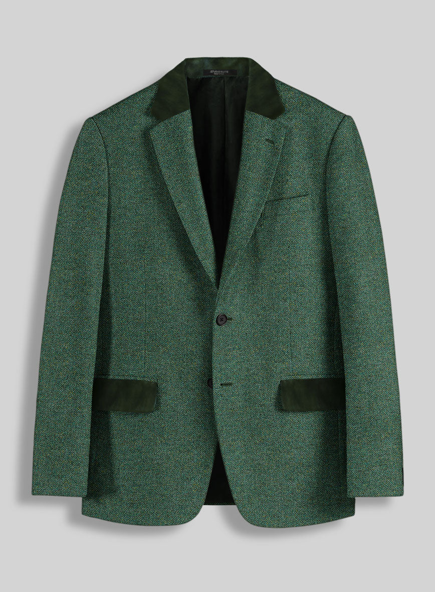 Bottle Green Herringbone Tweed Jacket - Leather Trims - StudioSuits