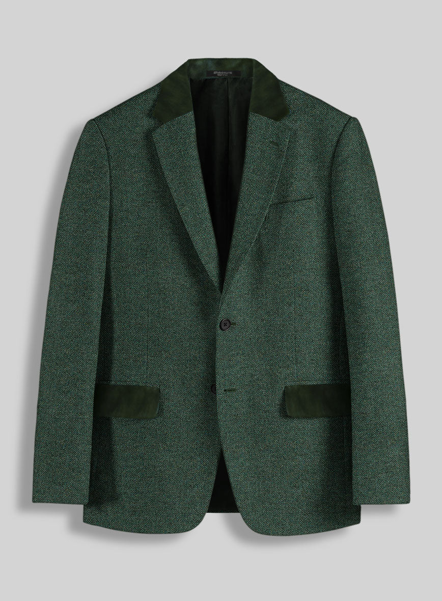 Bottle Green Herringbone Tweed Jacket - Leather Trims - StudioSuits
