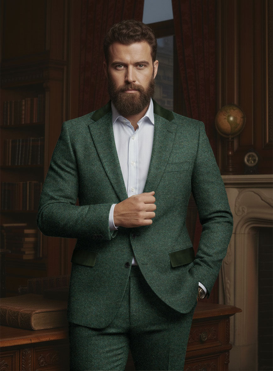 Bottle Green Herringbone Tweed Jacket - Leather Trims - StudioSuits