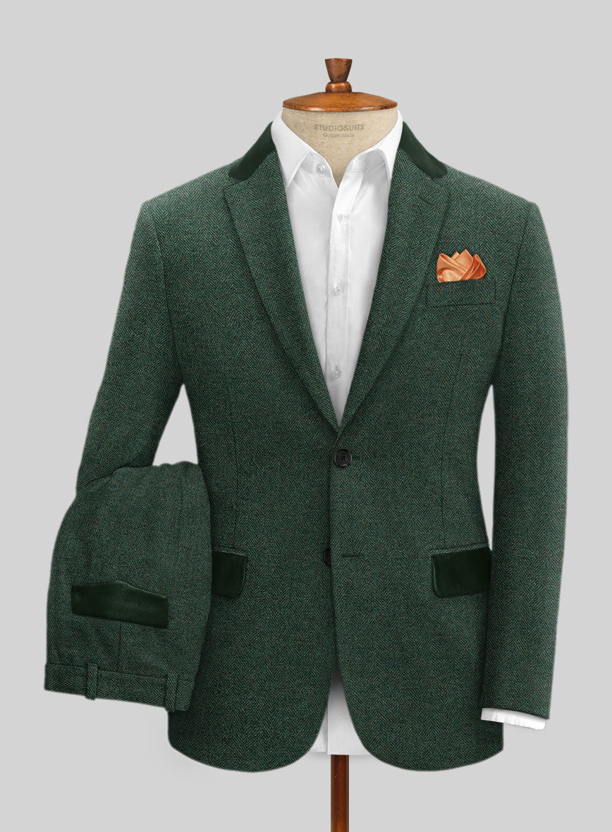 Bottle Green Herringbone Tweed Suit - Leather Trims - StudioSuits