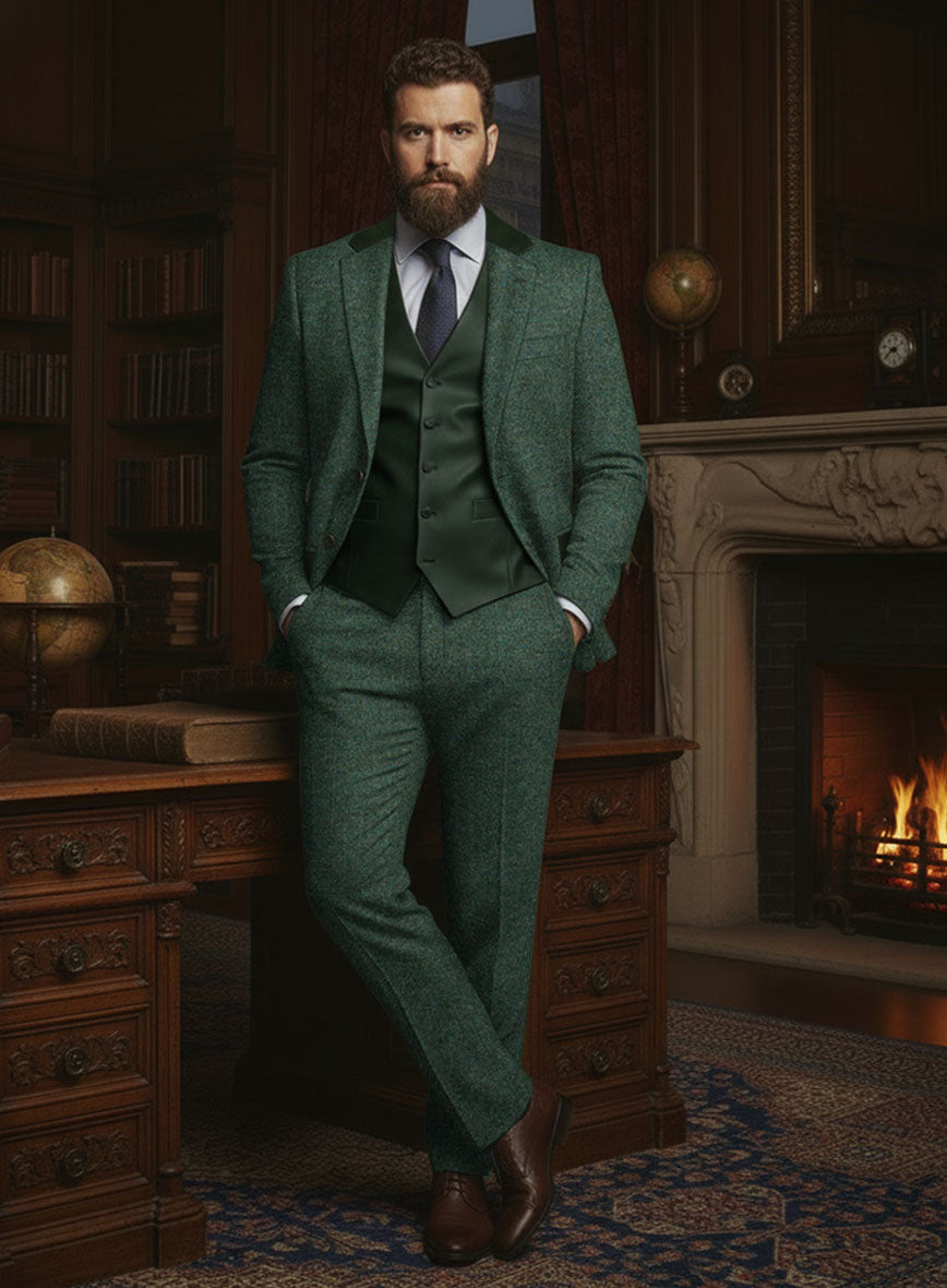 Bottle Green Herringbone Tweed Suit - Leather Trims - StudioSuits