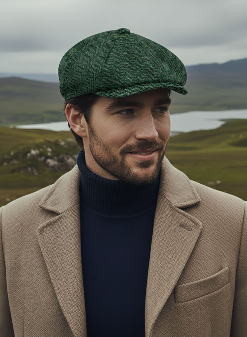 Bottle Green Herringbone Tweed Newsboy Cap - StudioSuits