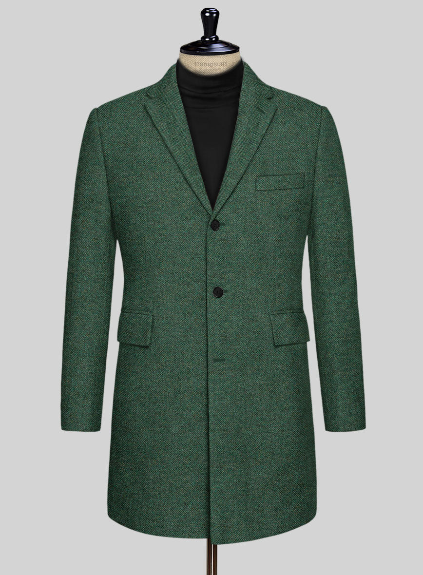 Bottle Green Herringbone Tweed Overcoat - StudioSuits
