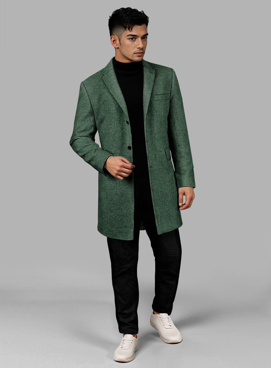Bottle Green Herringbone Tweed Overcoat - StudioSuits