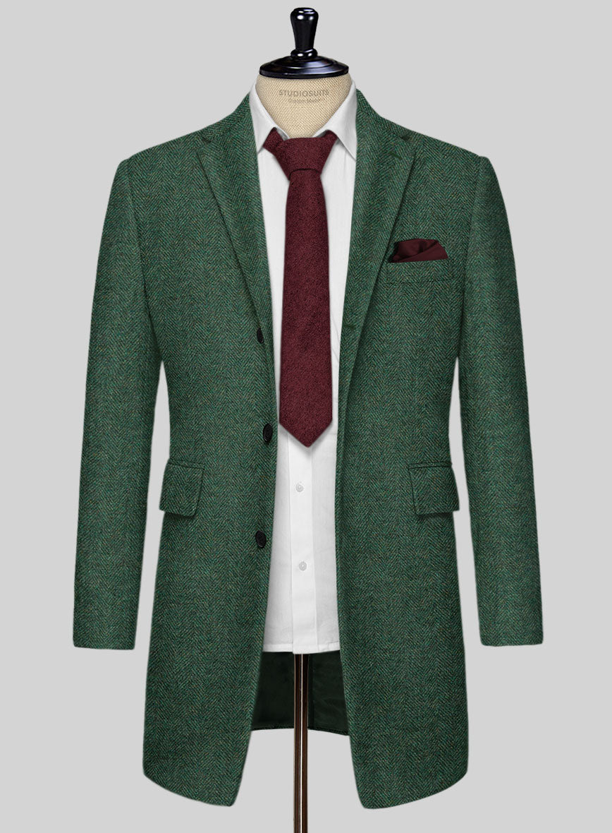 Bottle Green Herringbone Tweed Overcoat - StudioSuits