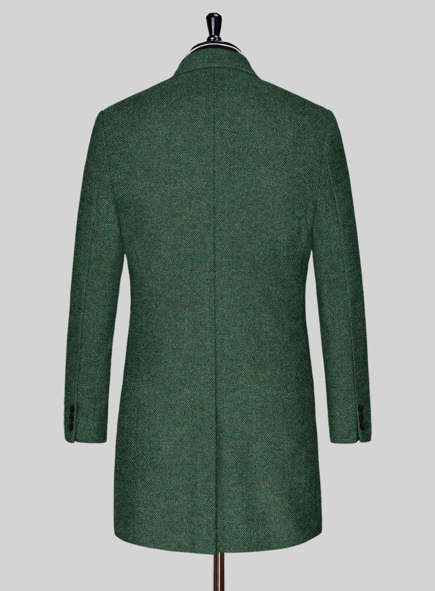 Bottle Green Herringbone Tweed Overcoat - StudioSuits