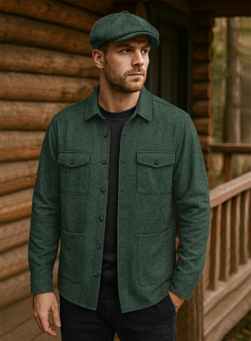 Bottle Green Herringbone Tweed Overshirt - StudioSuits