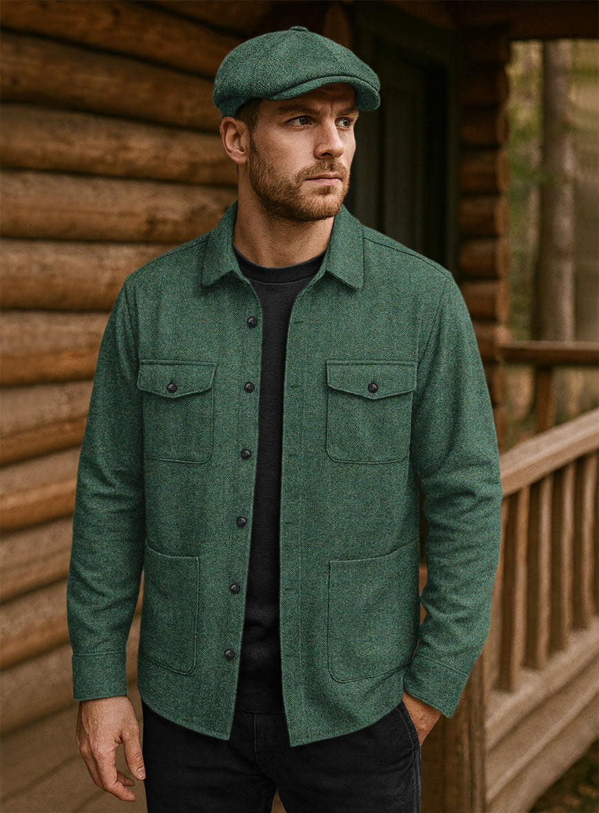 Bottle Green Herringbone Tweed Overshirt - StudioSuits