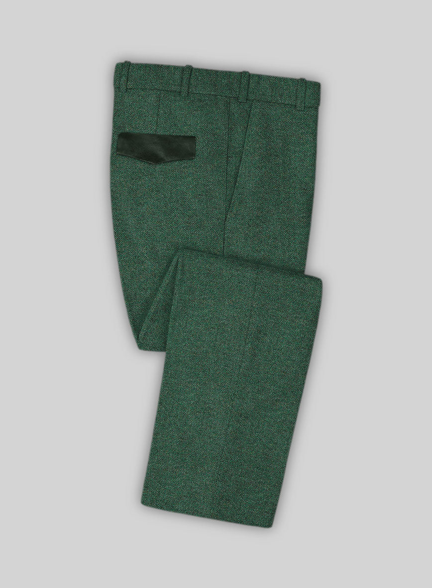 Bottle Green Herringbone Tweed Pants - Leather Trims - StudioSuits