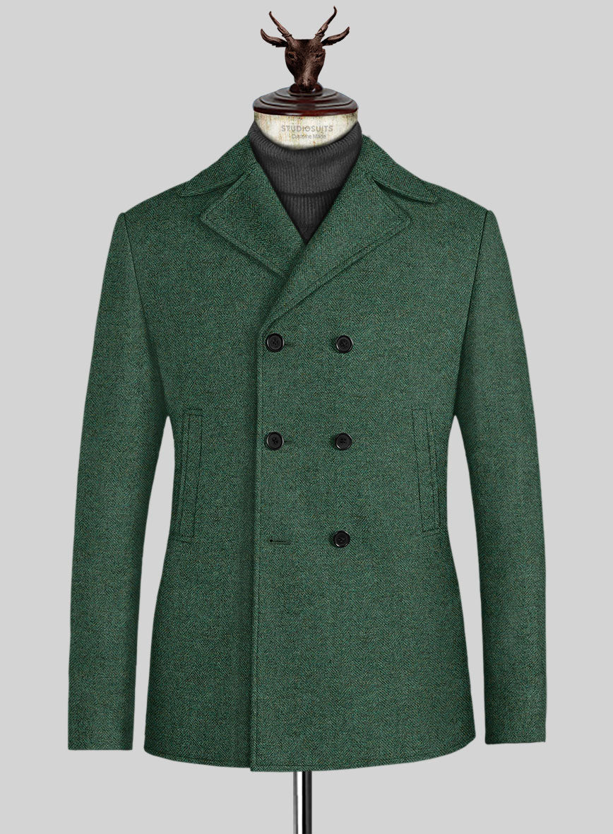 Bottle Green Herringbone Tweed Pea Coat - StudioSuits