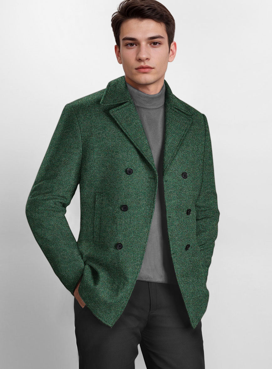 Bottle Green Herringbone Tweed Pea Coat - StudioSuits