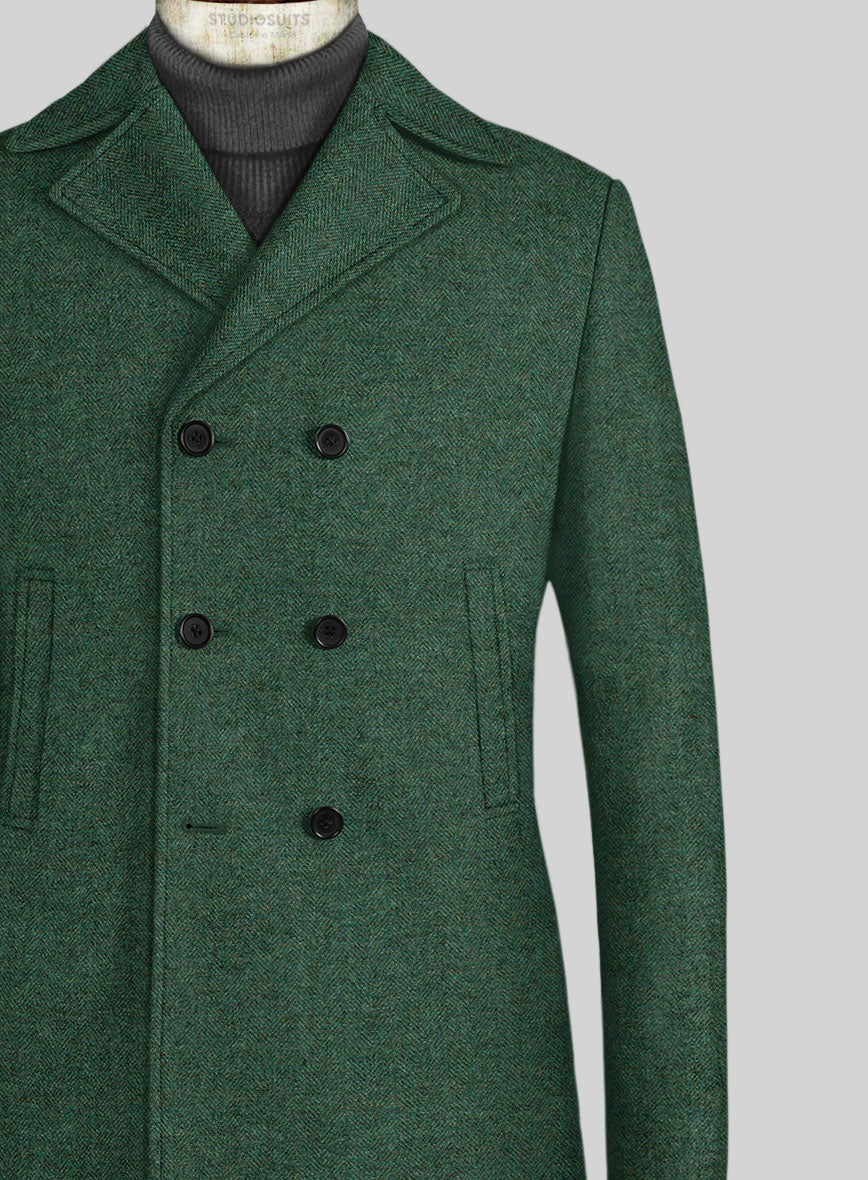 Bottle Green Herringbone Tweed Pea Coat - StudioSuits