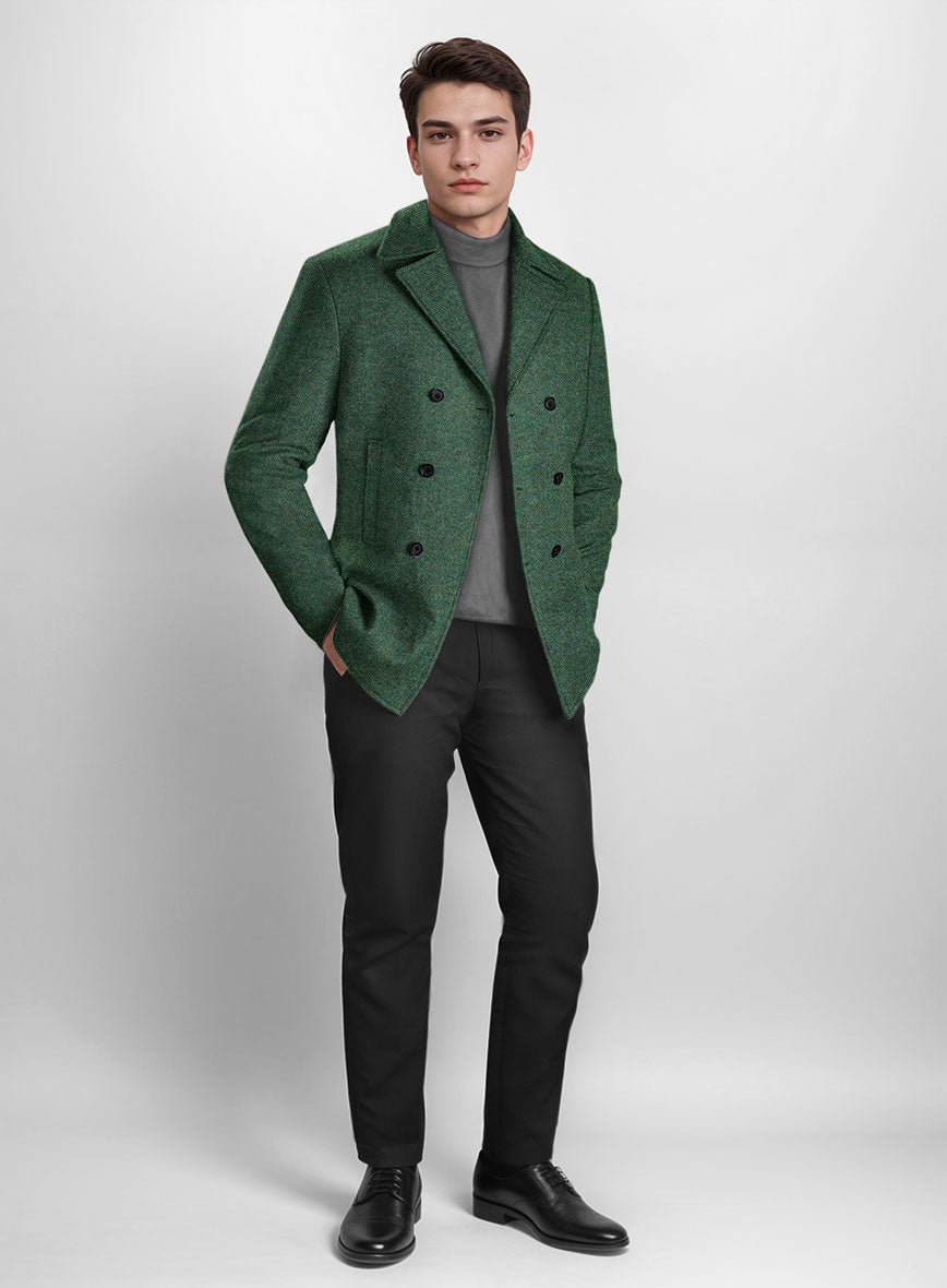 Bottle Green Herringbone Tweed Pea Coat - StudioSuits