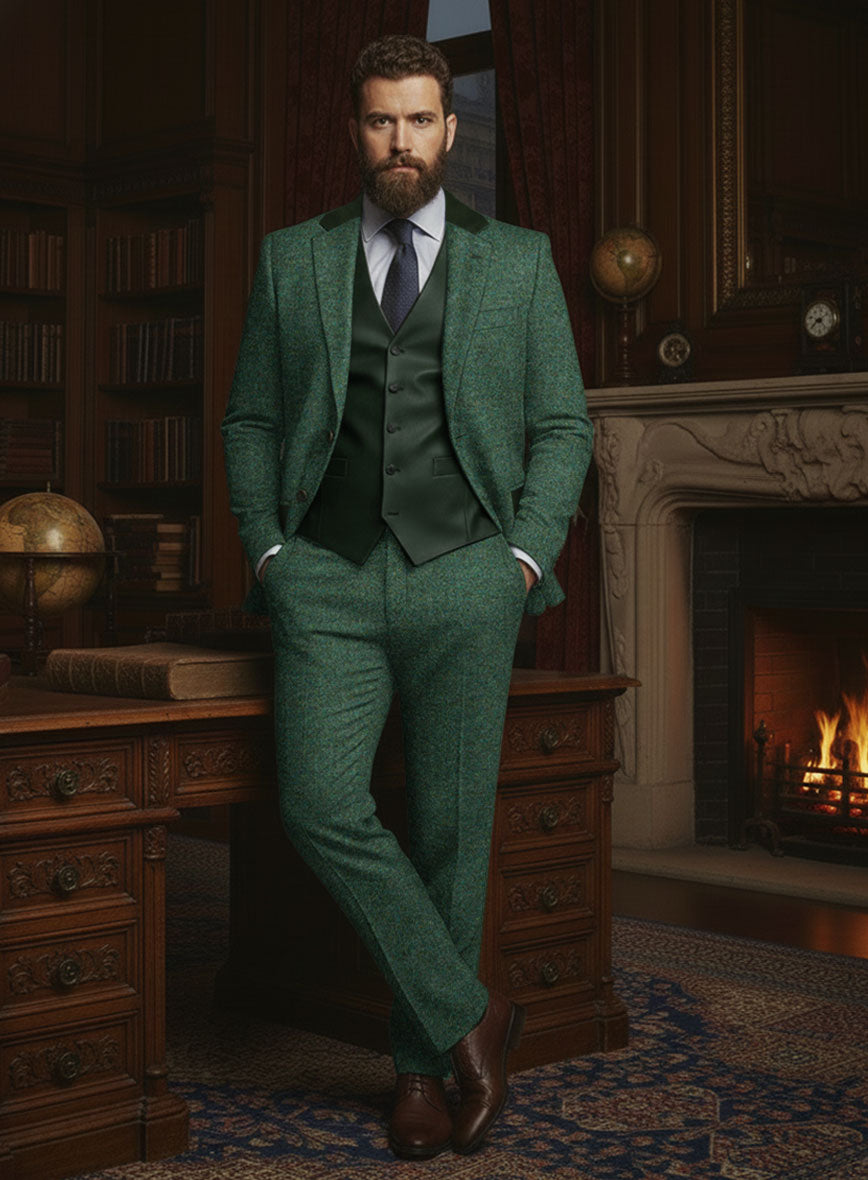 Bottle Green Herringbone Tweed Suit - Leather Trims - StudioSuits
