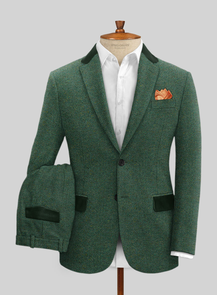 Bottle Green Herringbone Tweed Suit - Leather Trims - StudioSuits