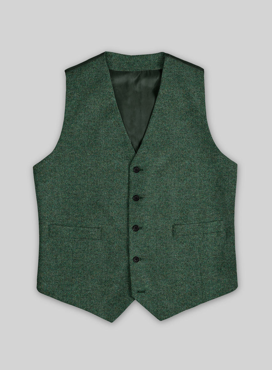 Bottle Green Herringbone Tweed Waist Coat - StudioSuits