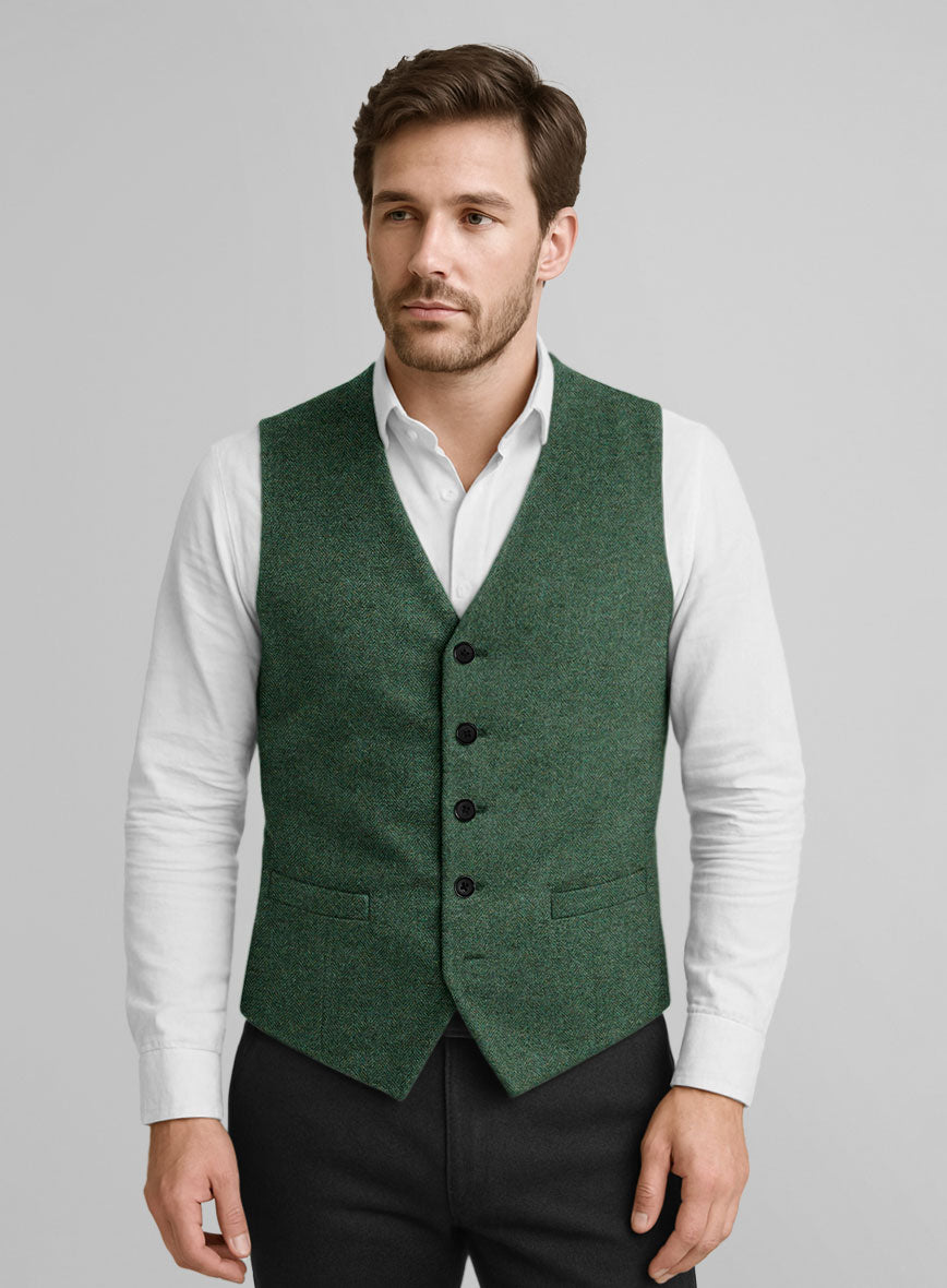 Bottle Green Herringbone Tweed Waist Coat - StudioSuits