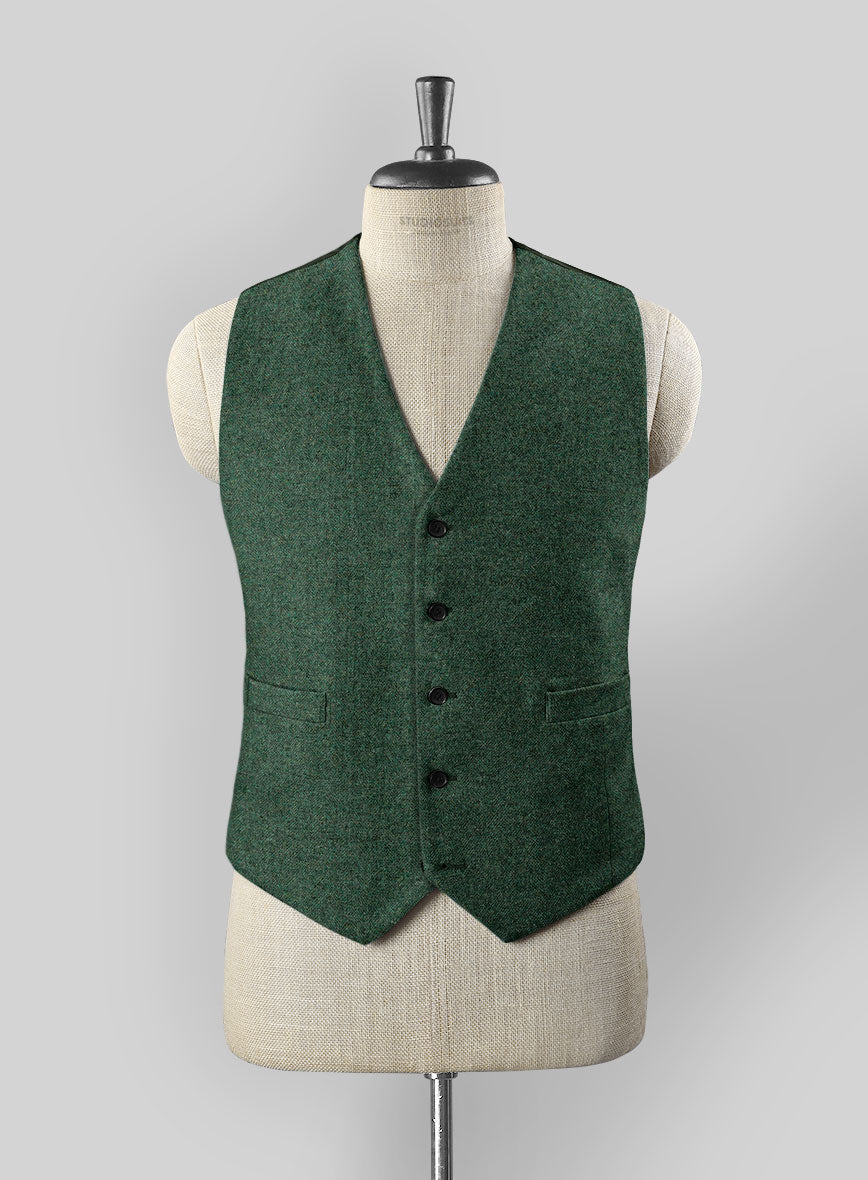 Bottle Green Herringbone Tweed Waist Coat - StudioSuits