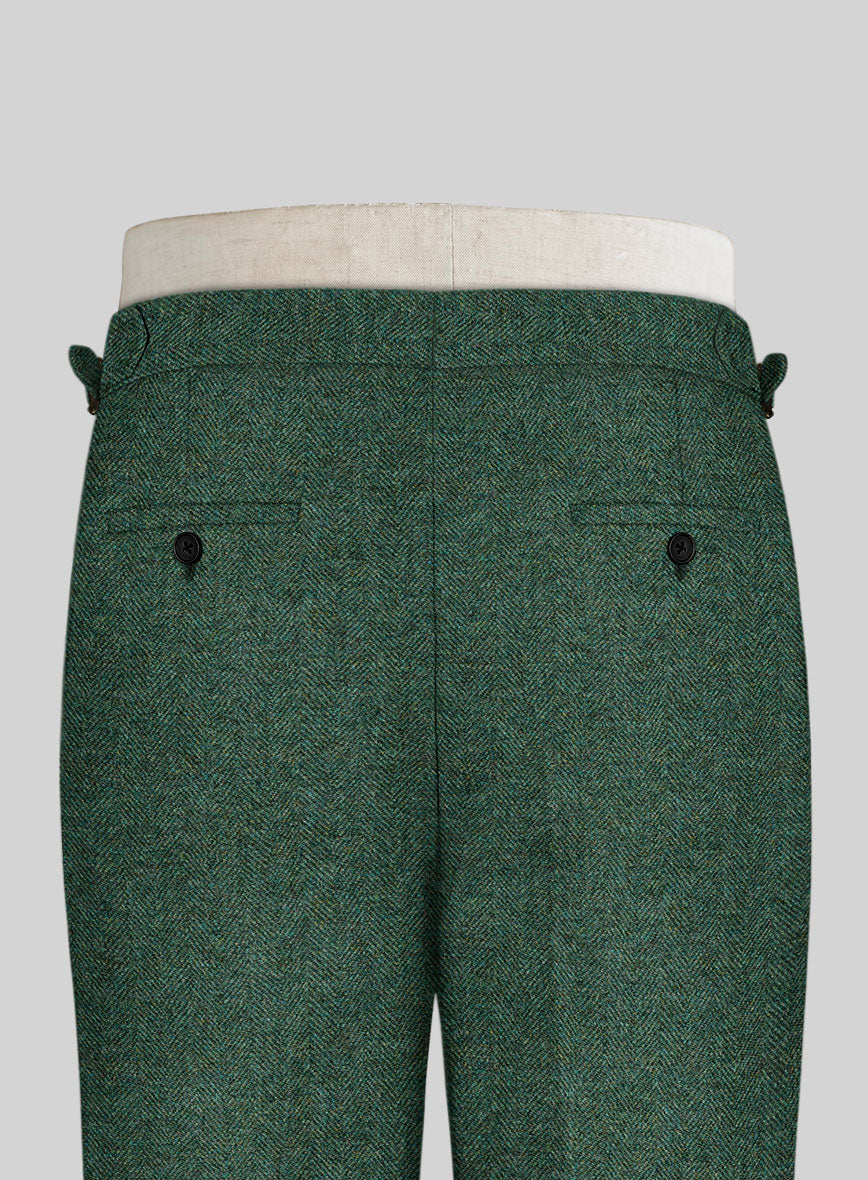 Bottle Green Herringbone Tweed Highland Trousers - StudioSuits