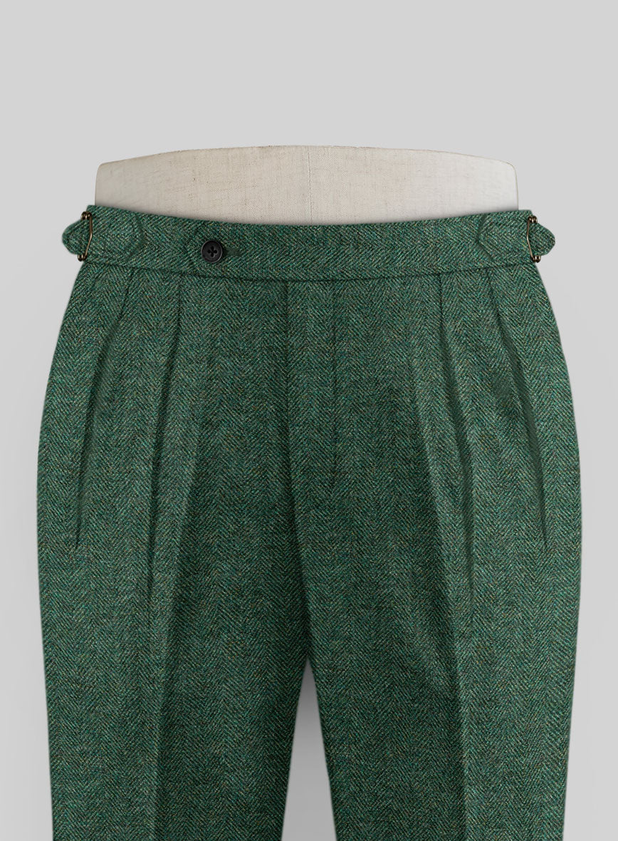 Bottle Green Herringbone Tweed Highland Trousers - StudioSuits