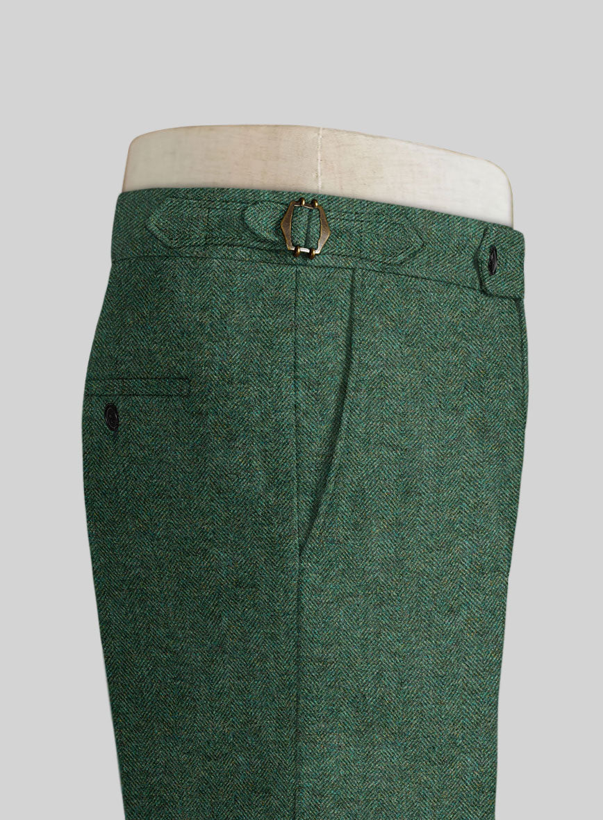 Bottle Green Herringbone Tweed Highland Trousers - StudioSuits