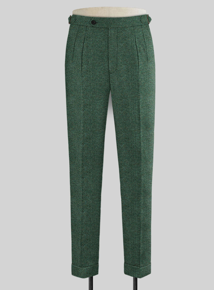 Bottle Green Herringbone Tweed Highland Trousers - StudioSuits