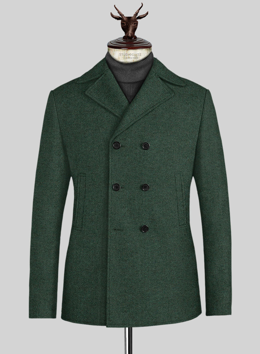 Bottle Green Herringbone Tweed Pea Coat - StudioSuits