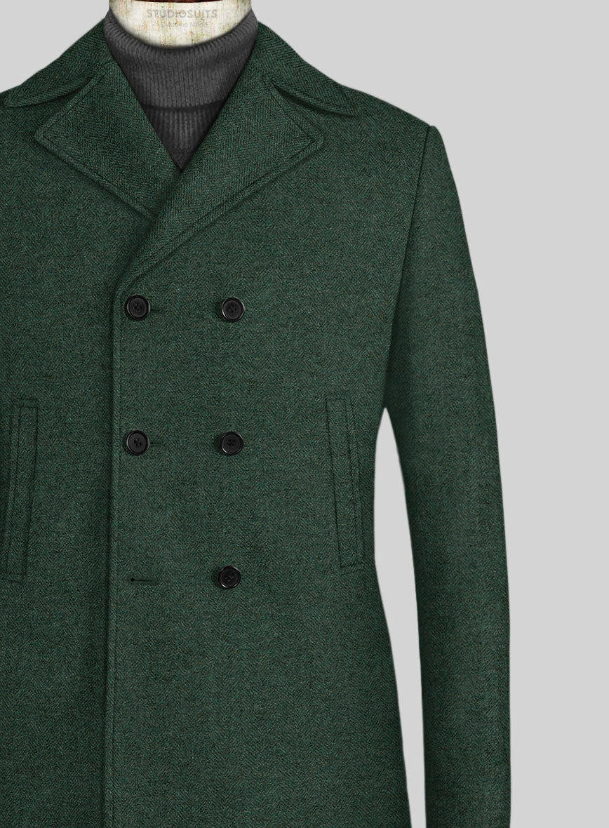 Bottle Green Herringbone Tweed Pea Coat - StudioSuits