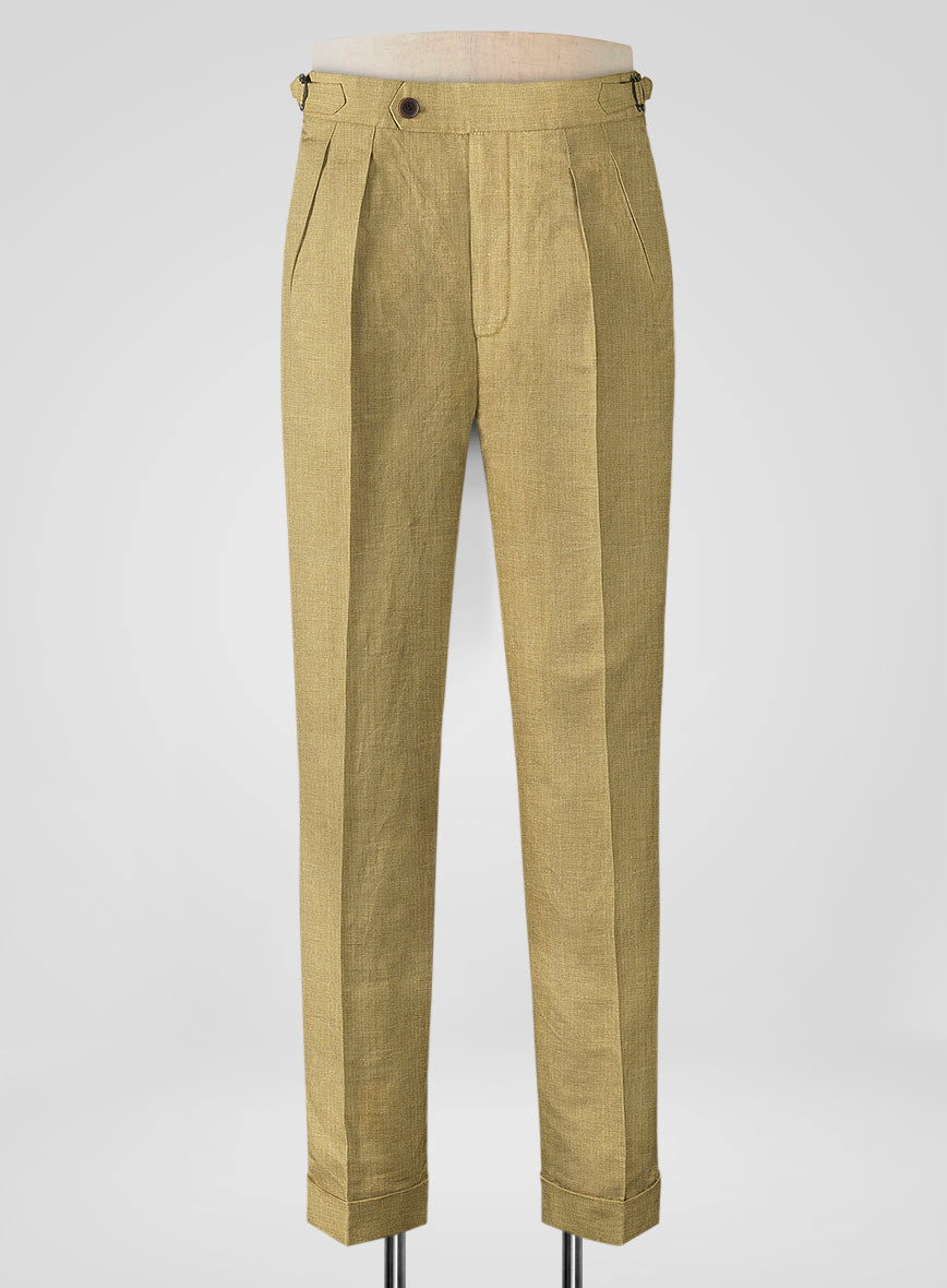 British Khaki Pure Linen Highland Trousers - StudioSuits
