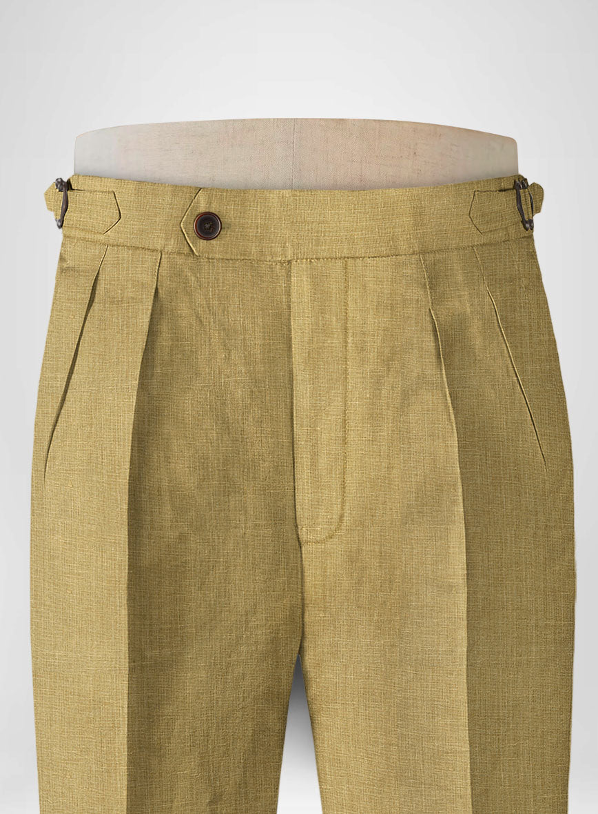 British Khaki Pure Linen Highland Trousers - StudioSuits