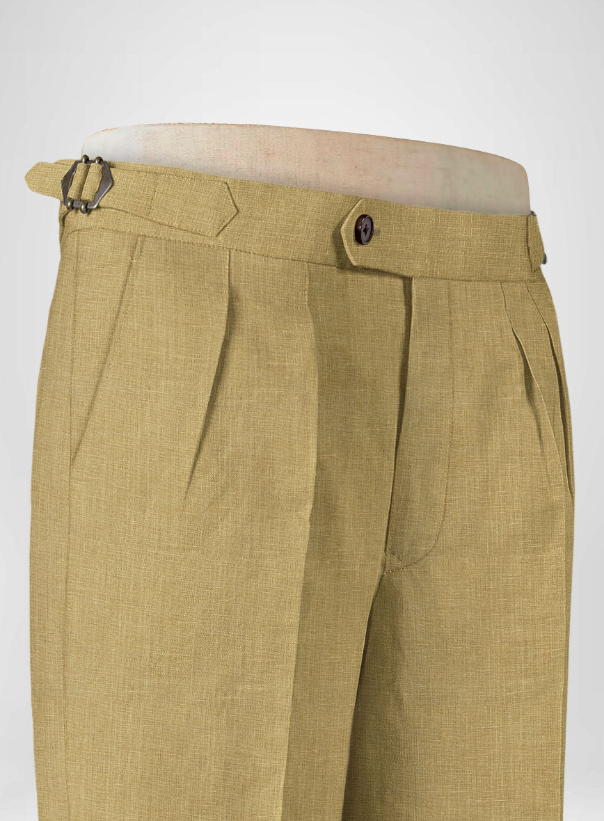 British Khaki Pure Linen Highland Trousers - StudioSuits