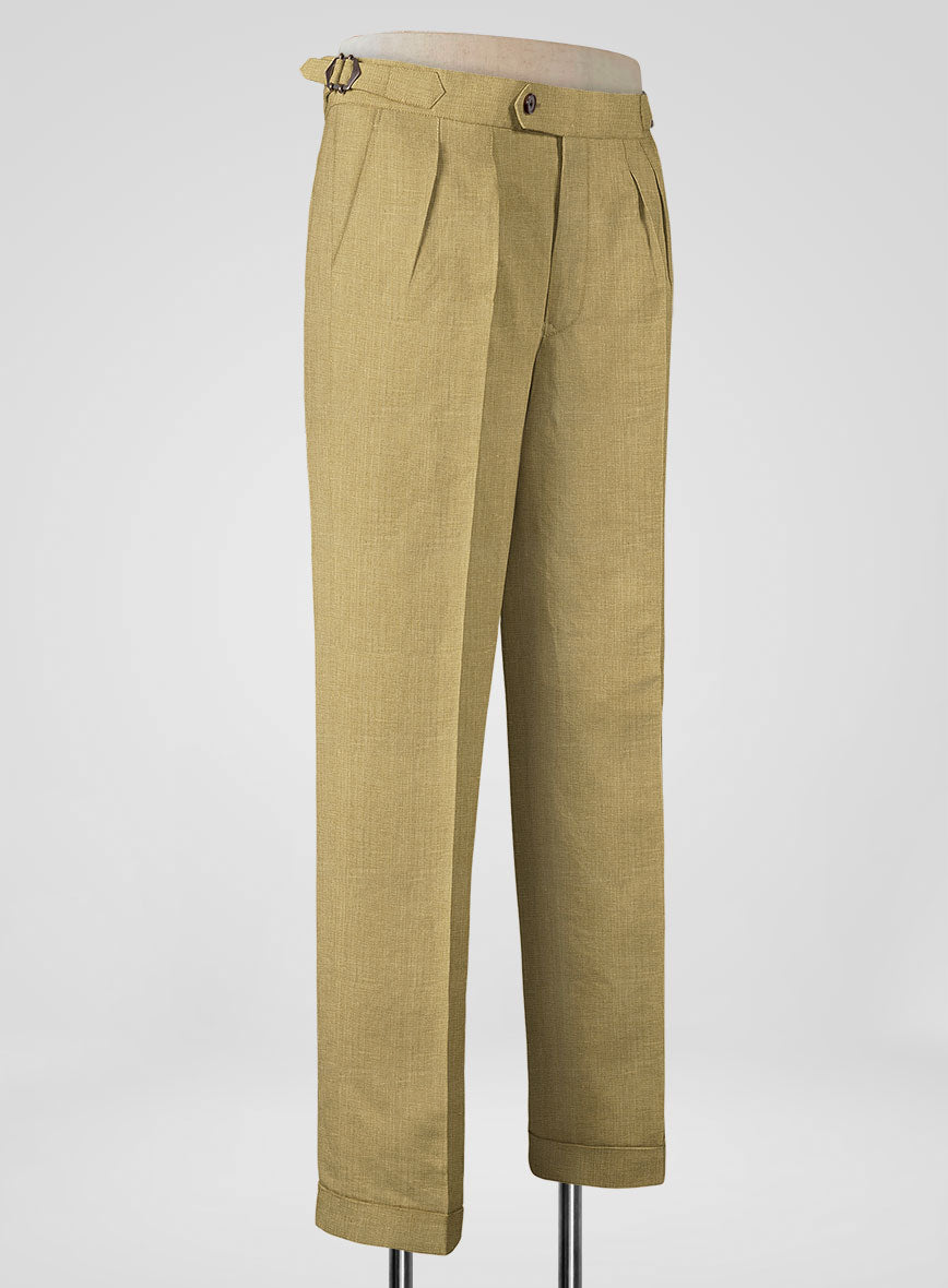 British Khaki Pure Linen Highland Trousers - StudioSuits