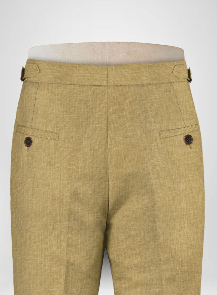 British Khaki Pure Linen Highland Trousers - StudioSuits