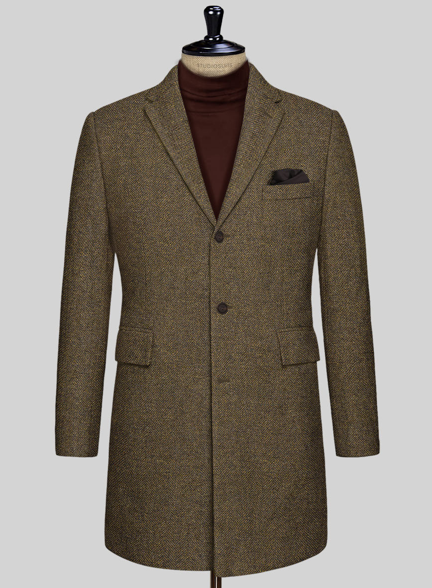 Bottle Brown Herringbone Tweed Overcoat - StudioSuits