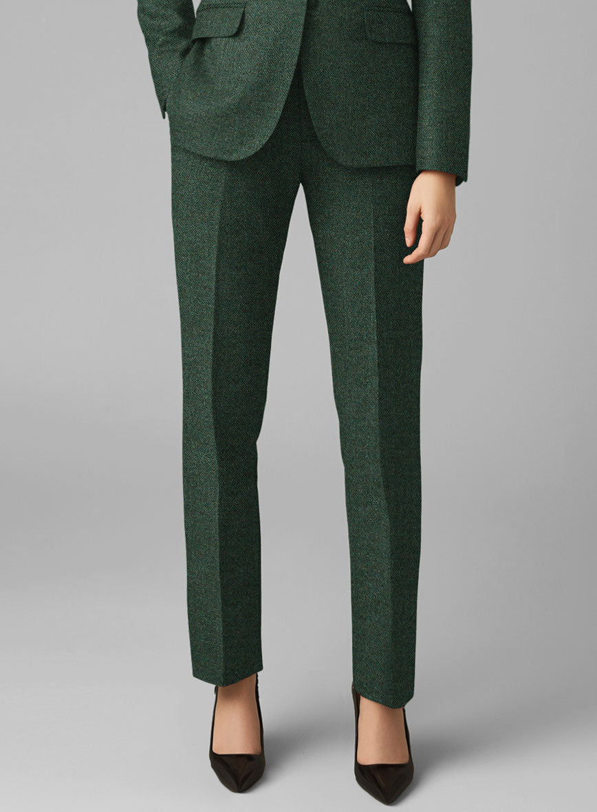 Women's Bottle Green Herringbone Tweed Pants - StudioSuits