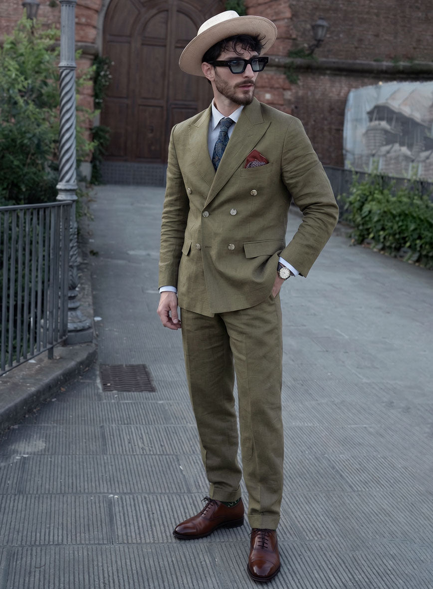 Campari Rustic Green Linen Double Breasted Suit - StudioSuits