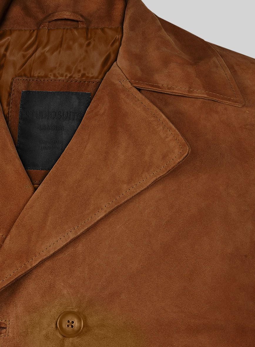 Caramel Brown Suede Leather Pea Coat - StudioSuits