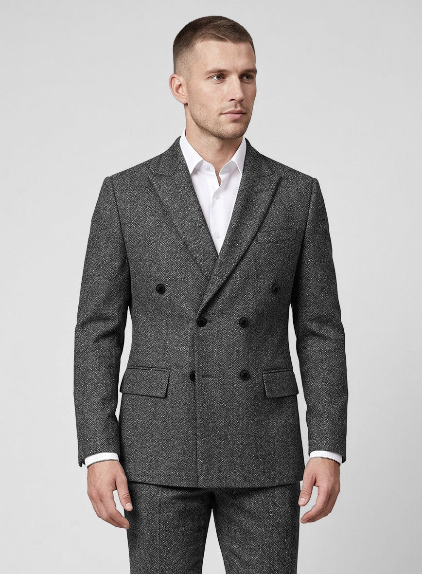 Charcoal Flecks Donegal Tweed Double Breasted Jacket - StudioSuits