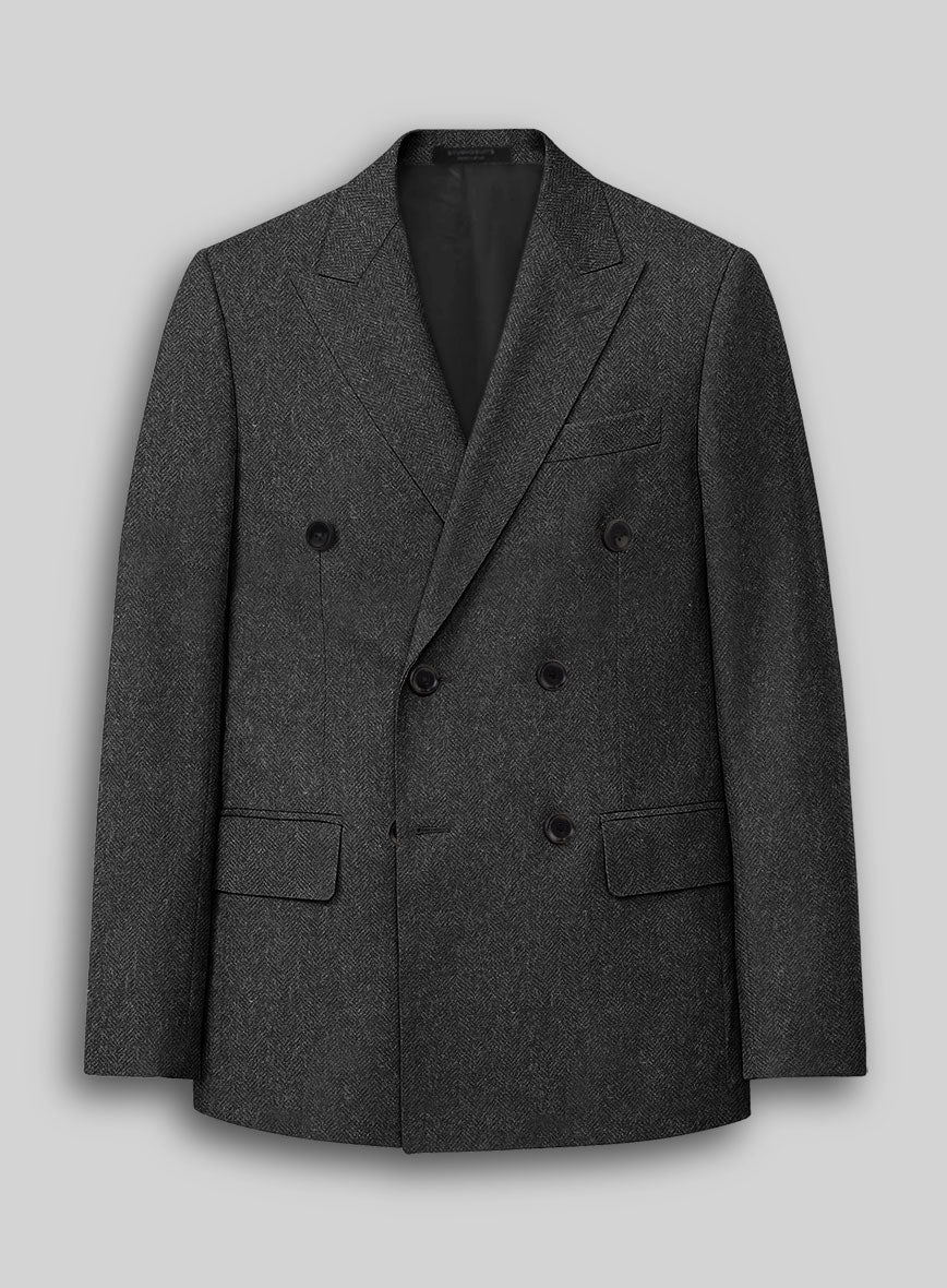 Charcoal Herringbone Tweed Double Breasted Jacket - StudioSuits