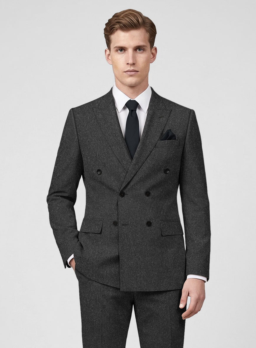 Charcoal Herringbone Tweed Double Breasted Suit - StudioSuits