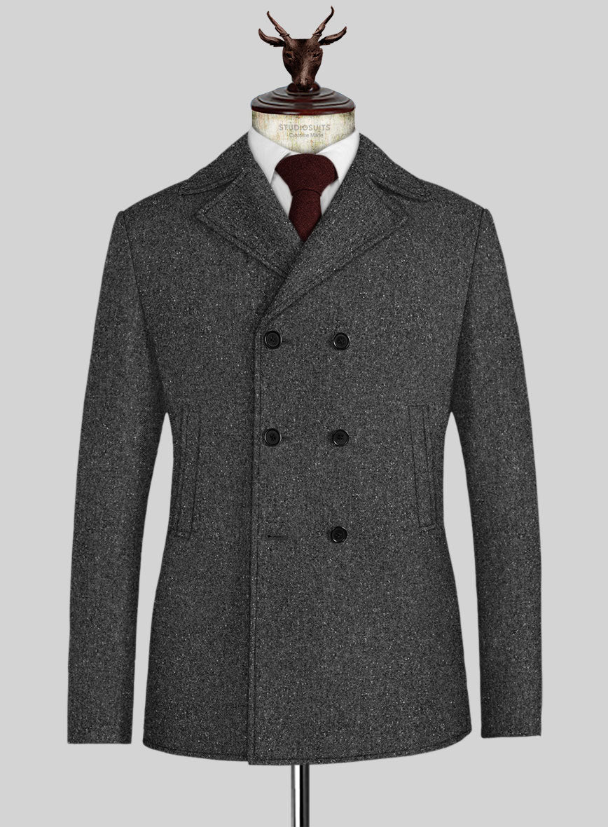 Charcoal Flecks Donegal Tweed Pea Coat - StudioSuits
