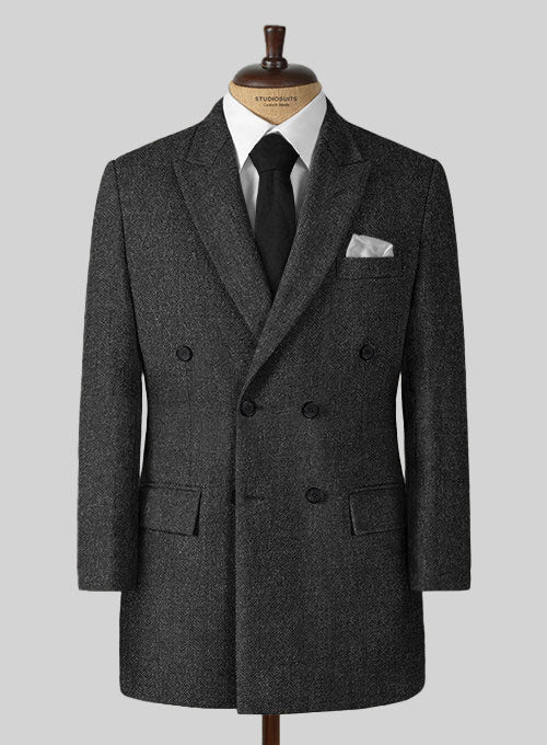 Charcoal Herringbone Tweed Double Breasted Overcoat - StudioSuits