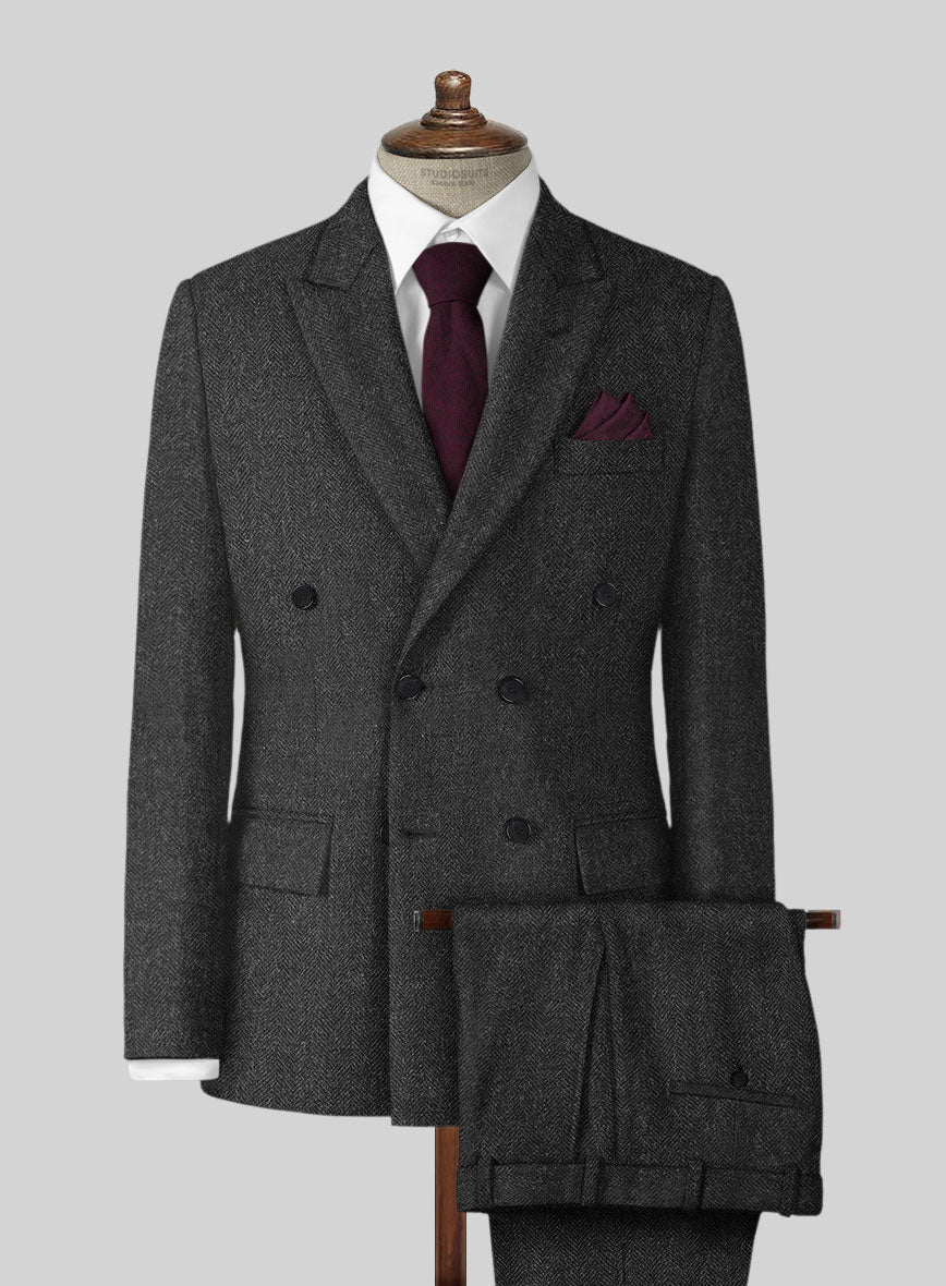 Charcoal Herringbone Tweed Double Breasted Suit - StudioSuits