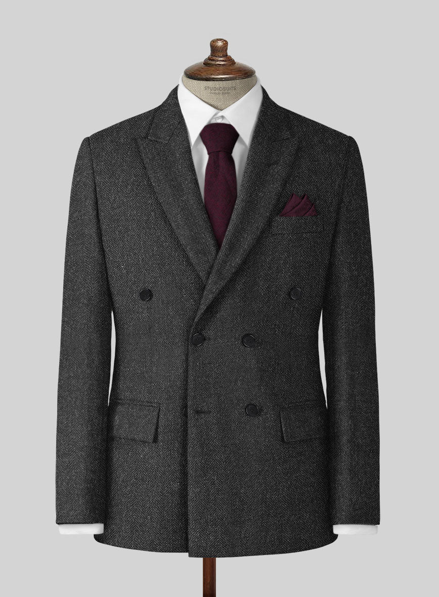 Charcoal Herringbone Tweed Double Breasted Suit - StudioSuits