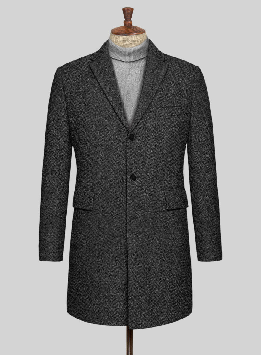 Charcoal Herringbone Tweed Overcoat - StudioSuits